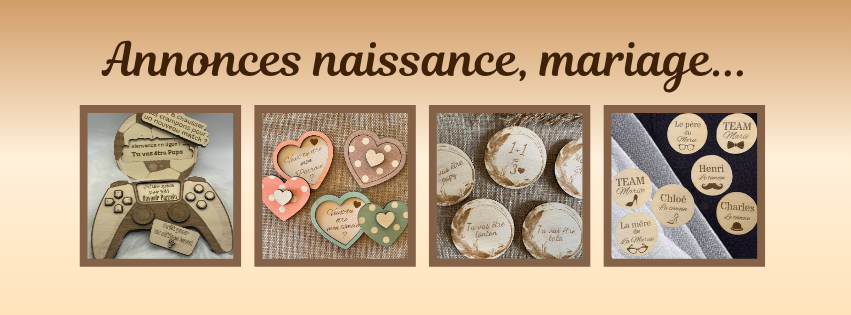 Annonce naissance manette jeux vidéos, ballon de foot, coffret coeur demande marraine, parrain, magnet tu vas être papa, papy, tata, tonton, badge en bois temoin de mariage