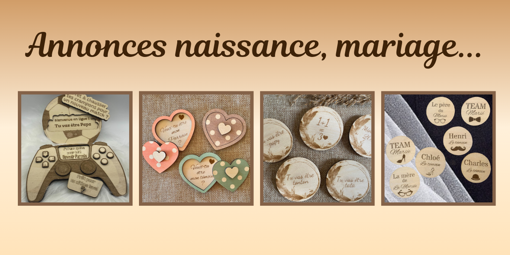 Annonce naissance manette jeux vidéos, ballon de foot, coffret coeur demande marraine, parrain, magnet tu vas être papa, papy, tata, tonton, badge en bois temoin de mariage
