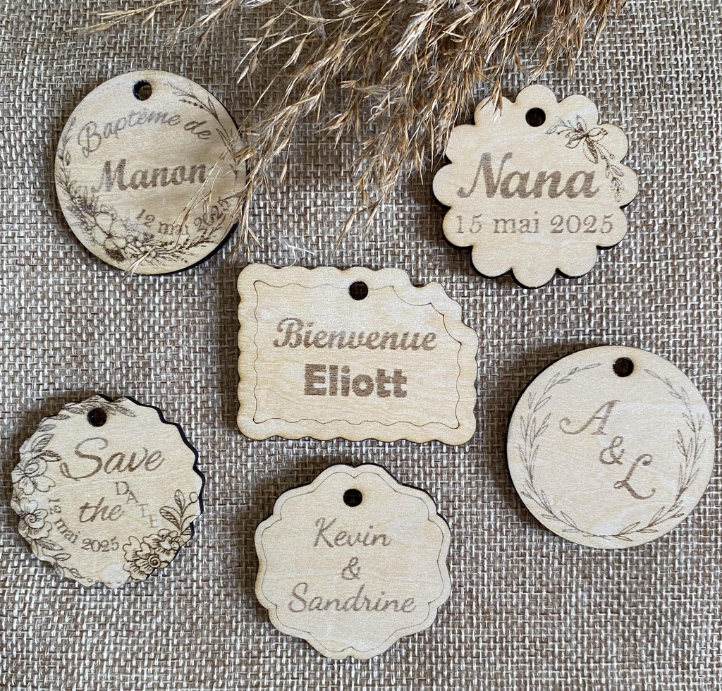 Etiquettes en bois pour pochon, contenant dragées pour mariage, baptême…