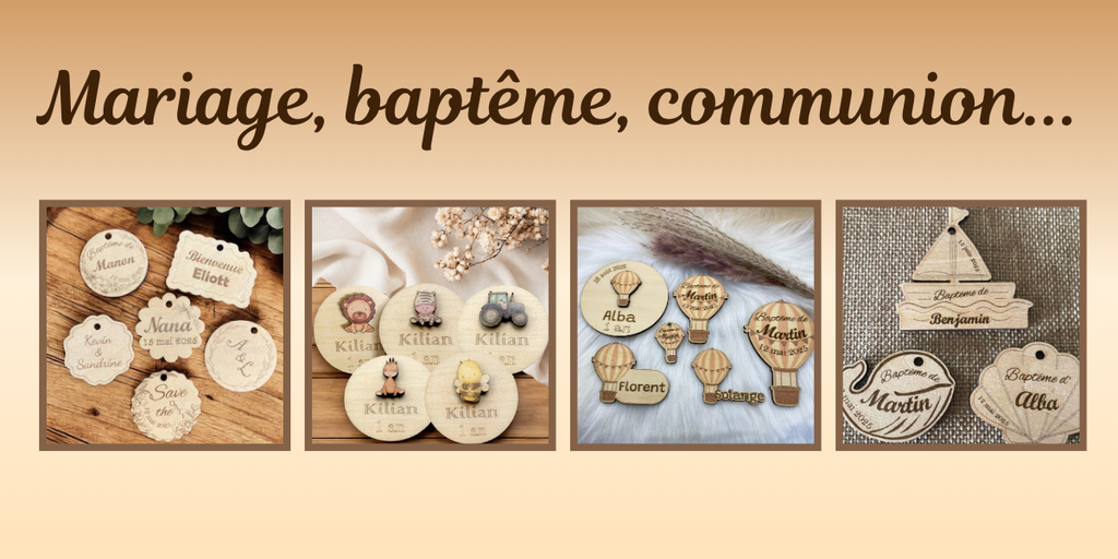 Pour baptême, communion, mariage : etiquettes en bois pour pochon dragées, contenant en verre…,  cadeaux invités baptême, anniversaire, Magnets en bois