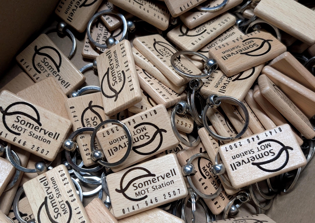 Laser engraved keyrings in round, square, oval, or rectangle shapes with custom logos