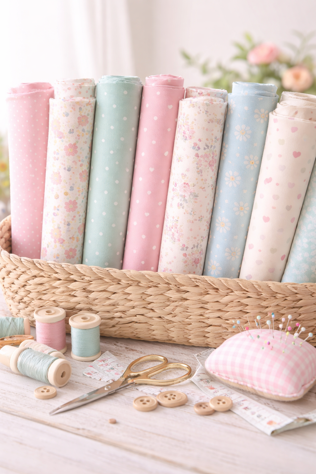 Basket of pastel coloured rolls of fabric