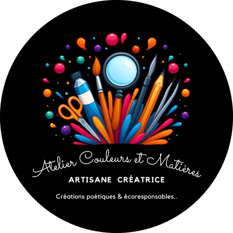 Logo Atelier Couleurs et Matières. Artisane Créatrice. Fabrication d'objets décoratifs diverse matières dont recyclage.
