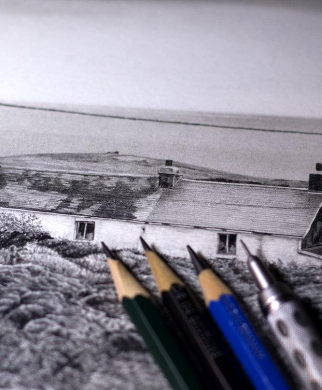 graphite drawing of Cornish cottages with pencils