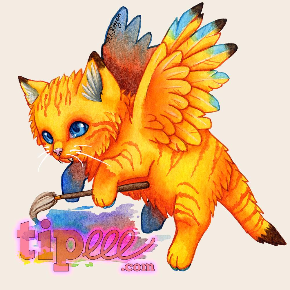 Illustration d'un petit chat orange ailé peignant une aquarelle avec le mot "Tipeee".
