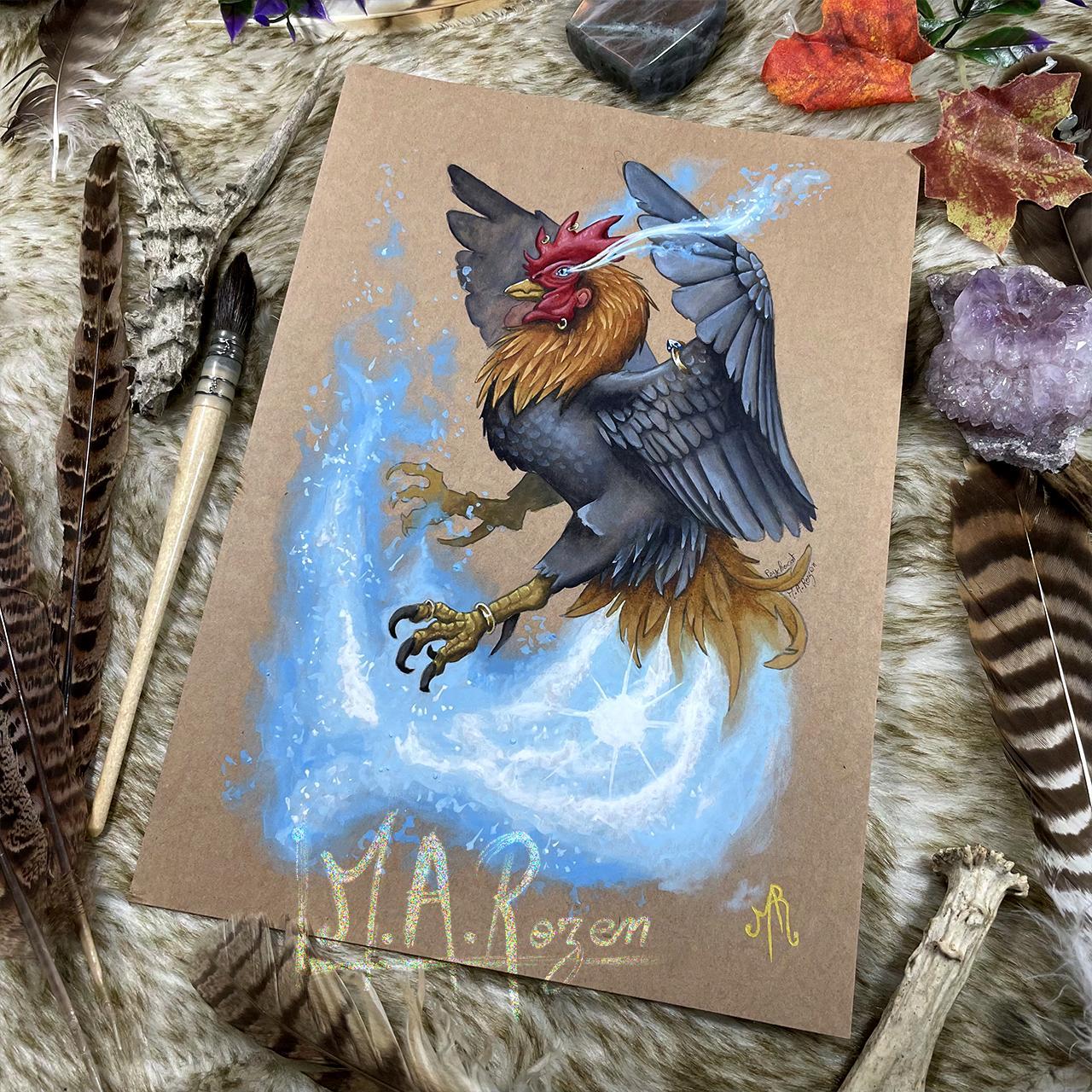 Aquarelle d'un aitvaras, coq à la queue de comète.