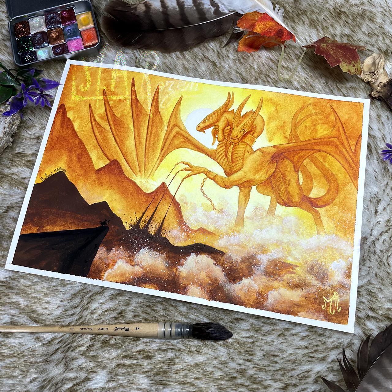 Photo d'une aquarelle de dragon siamois dans une ambiance doré.