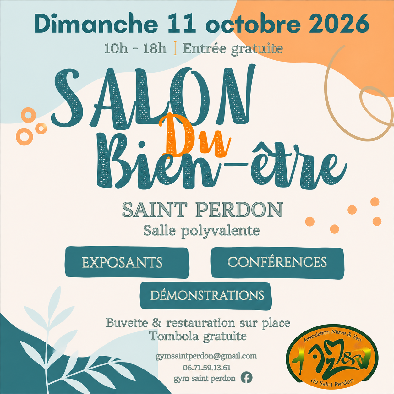 Affiche du Salon du Bien-être de Saint-Perdon, dimanche 11 octobre 2026, avec exposants, conférences, démonstrations et atelier de découverte des instruments de musique rituels chamaniques.