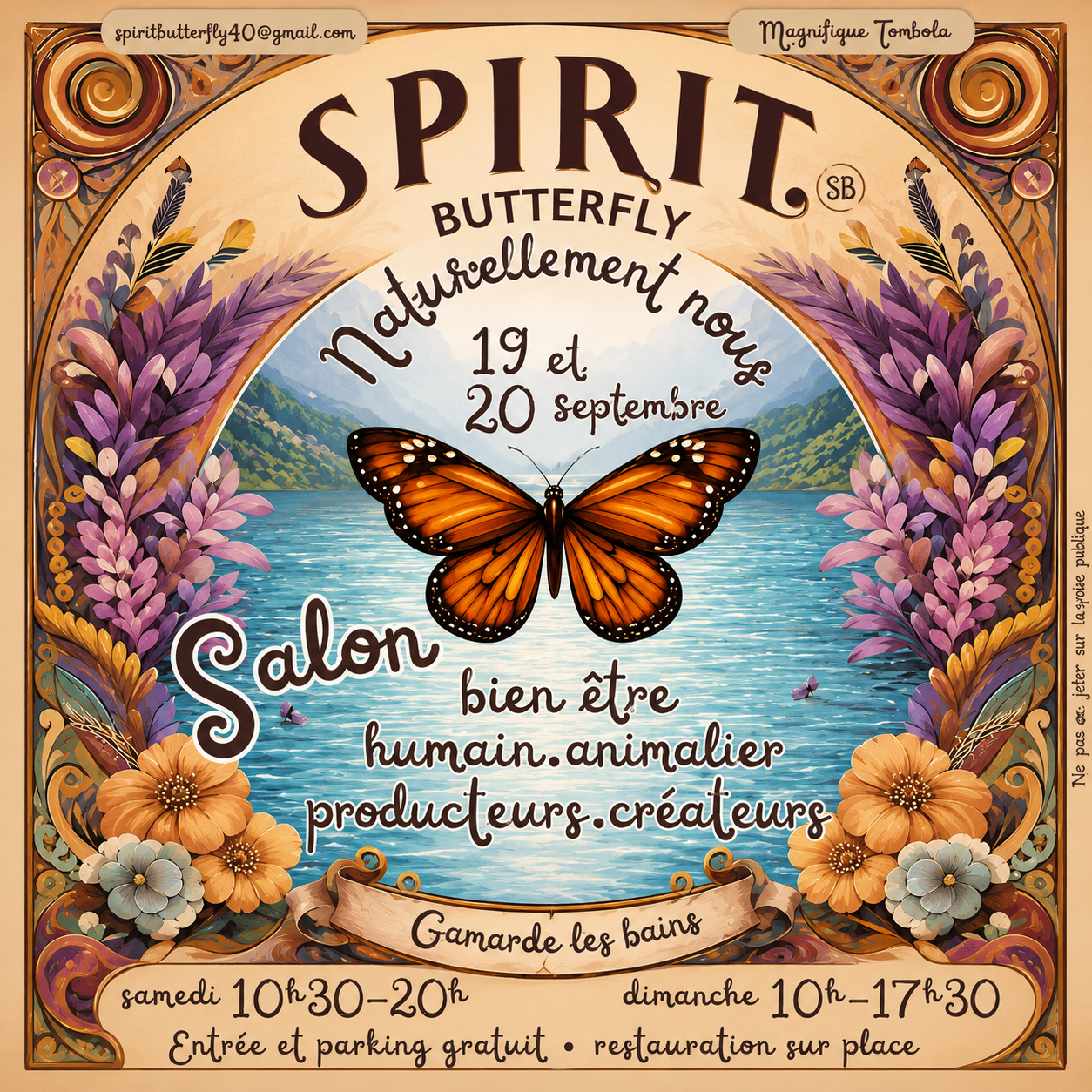 Affiche du salon Spirit Butterfly à Gamarde-les-Bains les 19 et 20 septembre, salon bien-être, animalier, producteurs et créateurs.