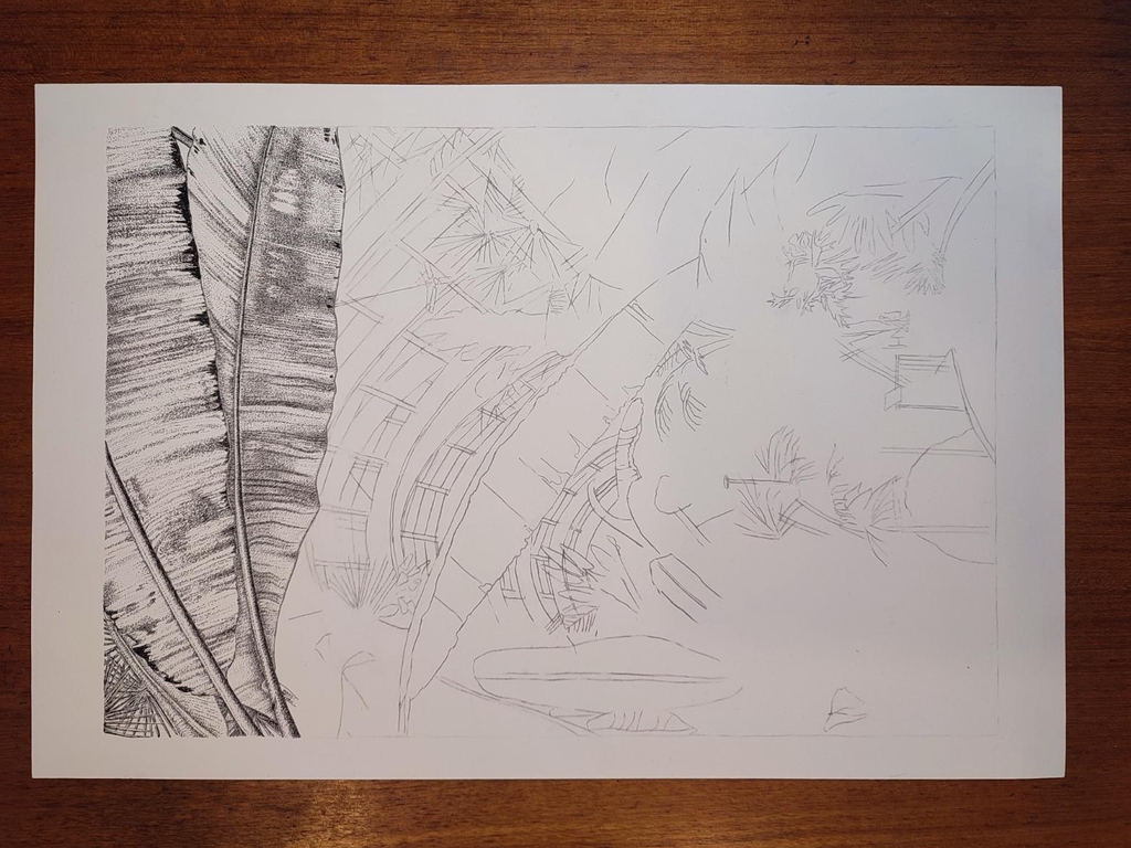 Winter Gardens view South in progress in pen and ink