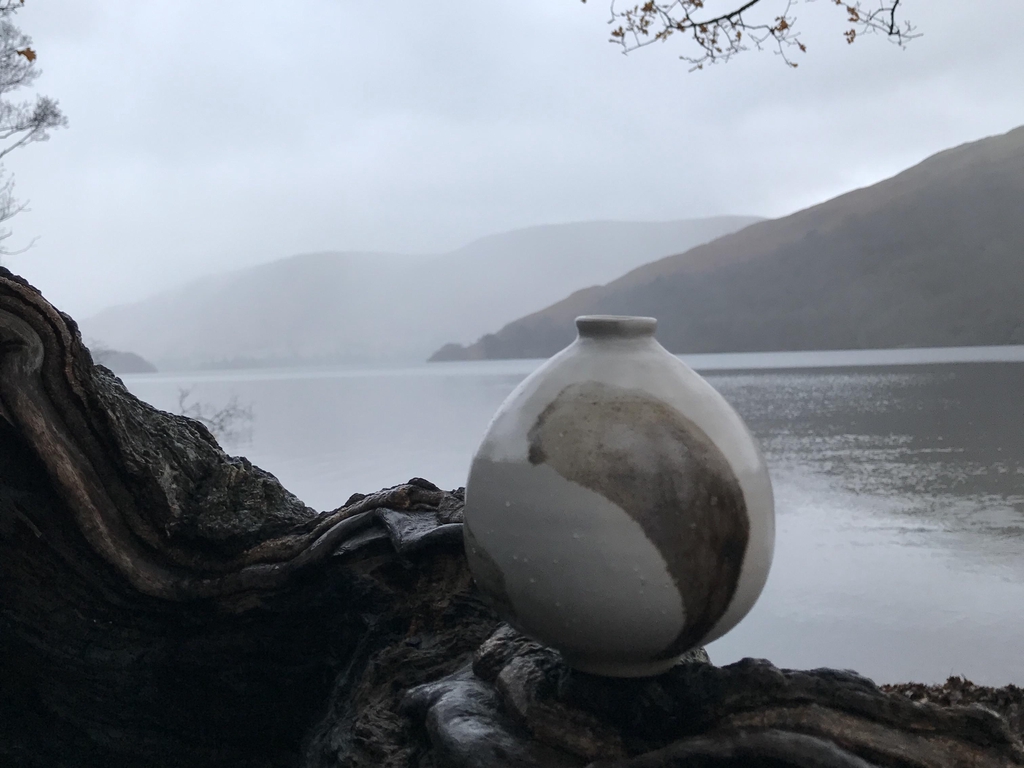 A white bud vase with brown brush markings resting on a knarlled tree branch in front of Ullswater.