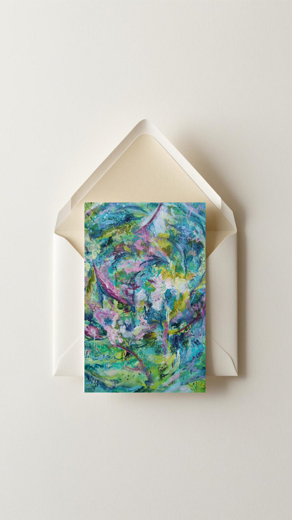 carte de voeux offerte, peinture abstraite couleurs vertes, bleus, inspiration florale et hivernale