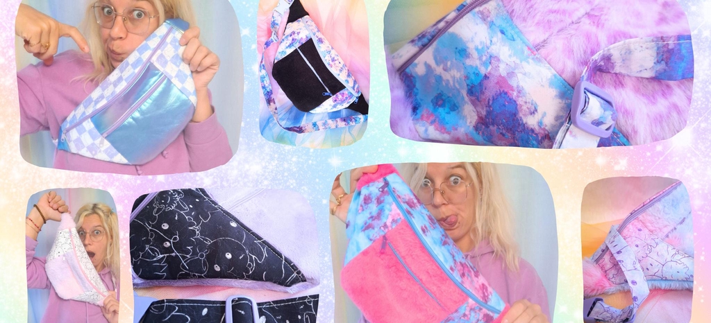 une banane kawaii et pratique : deux poches zipées pour transporter toutes tes affaires partout avec toi, de la fausse fourrure toute douce ou du tissus hollographique super shiny moixé à un motif original poulpi en coton. une banane trop cute fait à la main au poulpi atelier