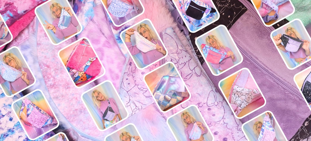 une banane kawaii et pratique : deux poches zipées pour transporter toutes tes affaires partout avec toi, de la fausse fourrure toute douce ou du tissus hollographique super shiny moixé à un motif original poulpi en coton. une banane trop cute fait à la main au poulpi atelier