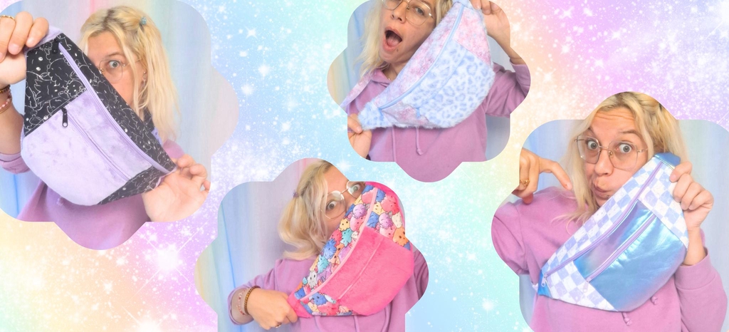 une banane kawaii et pratique : deux poches zipées pour transporter toutes tes affaires partout avec toi, de la fausse fourrure toute douce ou du tissus hollographique super shiny moixé à un motif original poulpi en coton. une banane trop cute fait à la main au poulpi atelier