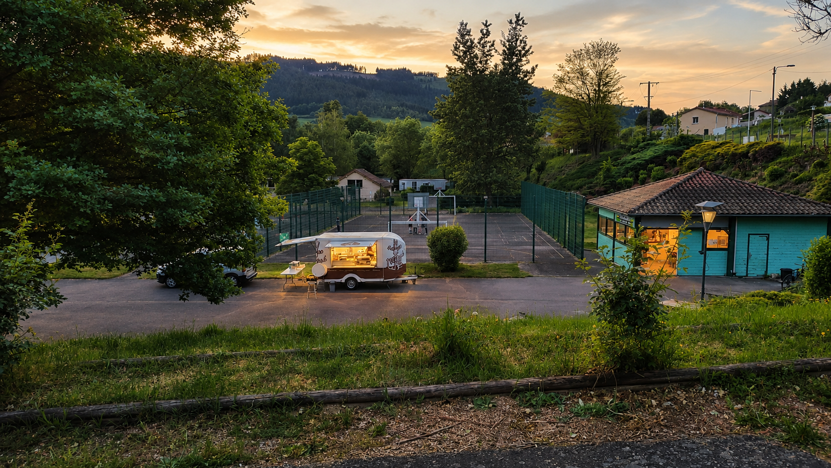 Photo du food truck éclairé le soir