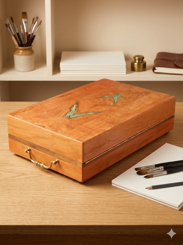 Coffret d'Atelier Artisanal en Bois de Cerisier et Résine Époxy avec Poignée en Laiton et Éléments de Peinture