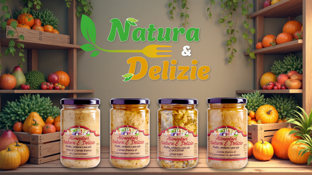 Scaffali in legno con frutta e verdura fresche e vasetti di conserve “Natura & Delizie”, marchio artigianale di Castrovillari specializzato in prodotti a base di cipolla bianca e ortaggi locali