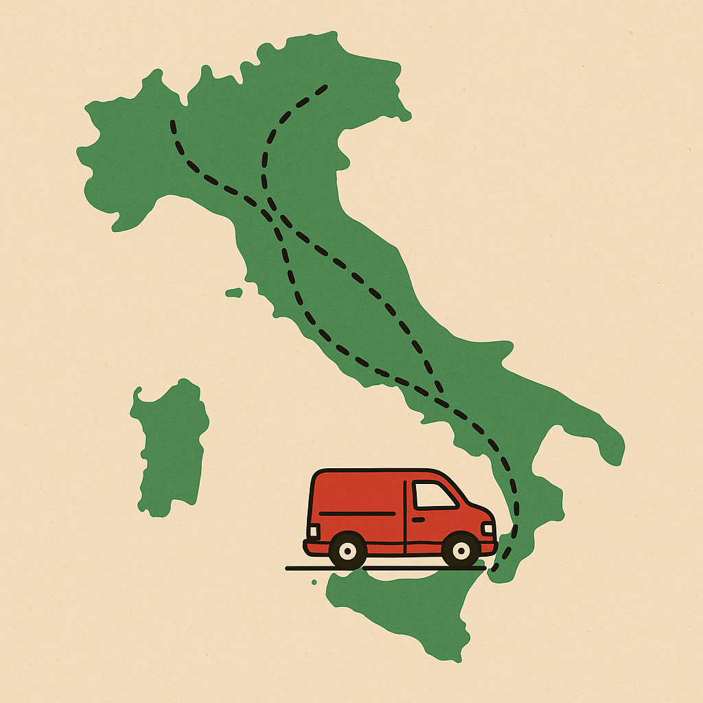 Illustrazione in stile cartoon di un furgoncino rosso che parte dalla Calabria e viaggia attraverso l’Italia, con linee tratteggiate che indicano la consegna veloce in tutta Italia in 24/48 ore. Spedizione gratuita per ordini da 50 euro in su.