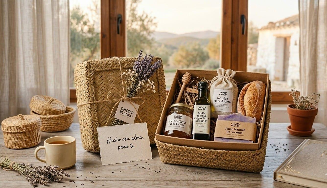Detalle de cesta gourmet para regalar sin ocasión especial, presentada con flores de papel y productos selectos.
