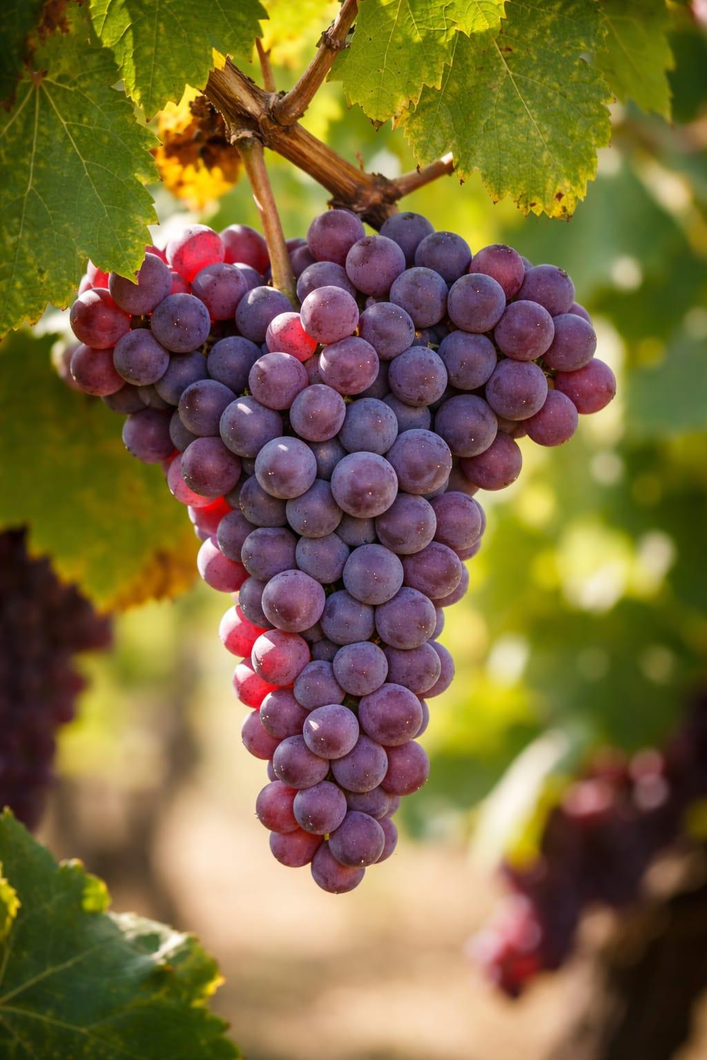 Uva Garnacha madura en racimo colgando en la vid con hojas verdes en viñedo al atardecer