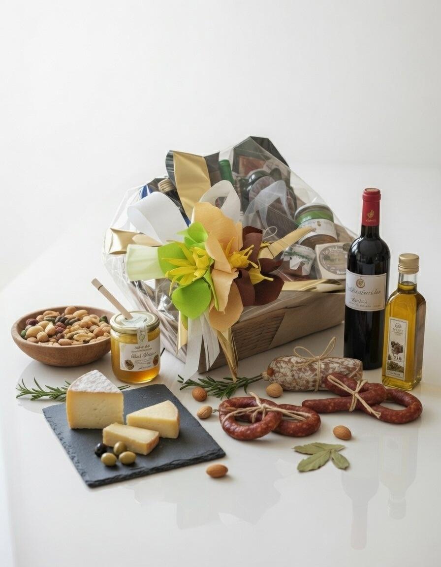 Cesta gourmet con flores hechas a mano 