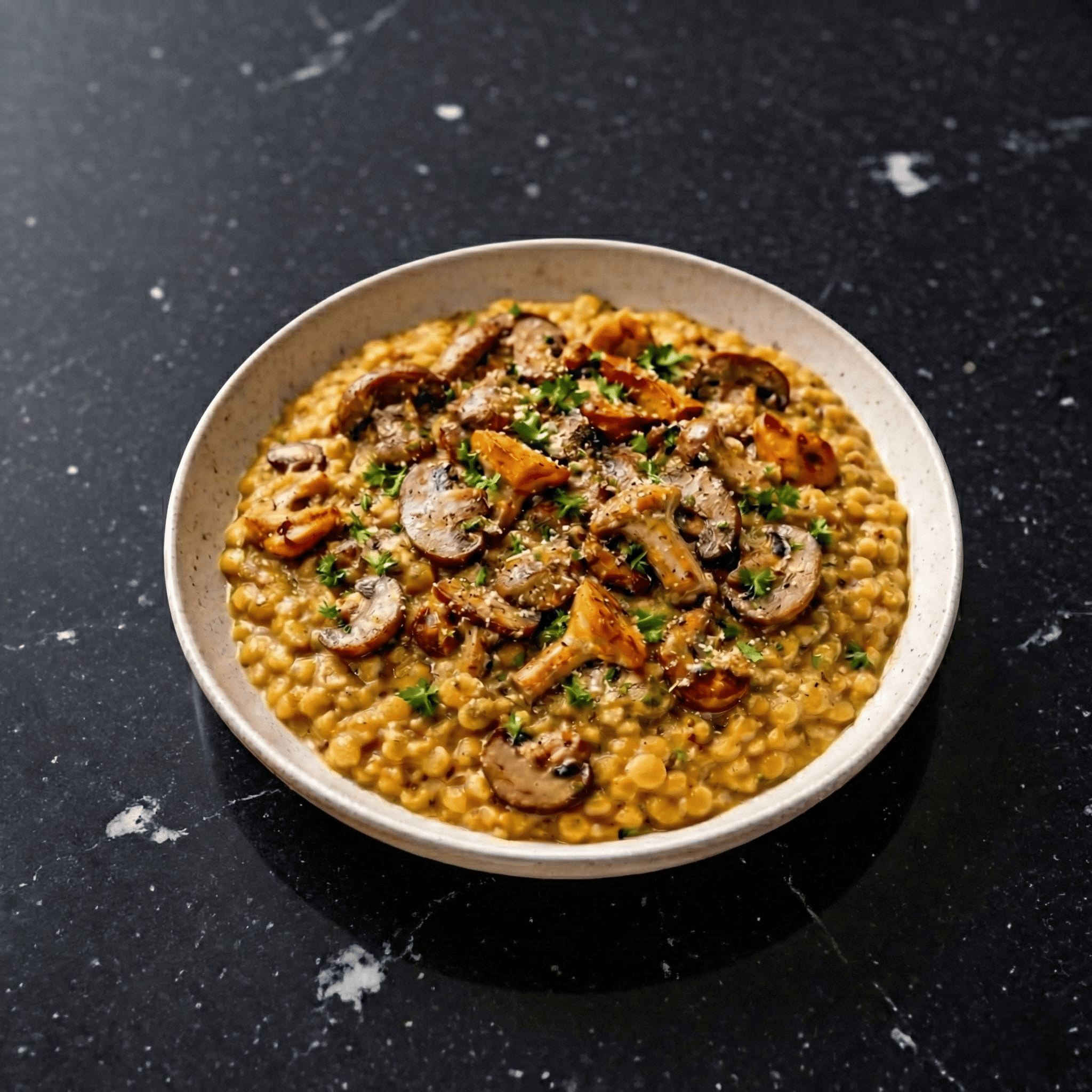Risotto de lentilles jaunes aux champignons, servi dans un bol