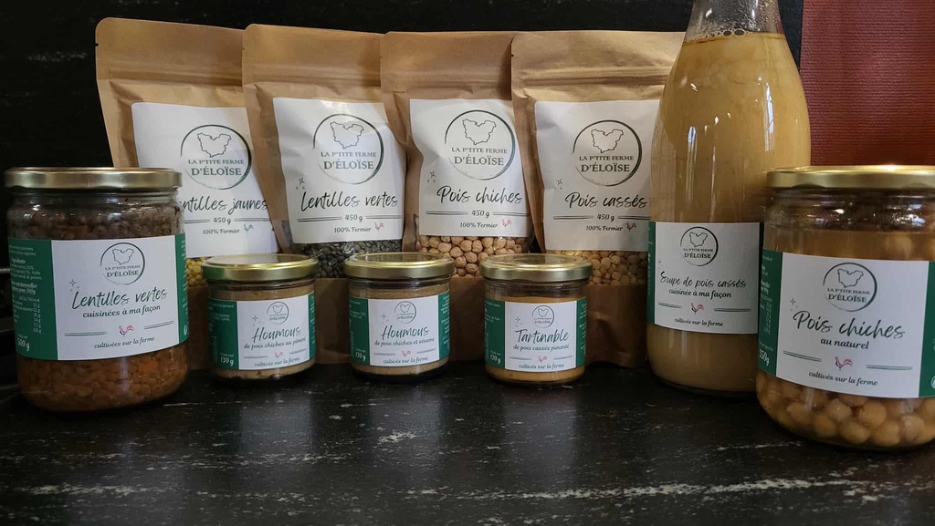 Assortiment de légumineuses et produits cuisinés de La P’tite Ferme d’Eloïse (lentilles, pois chiches, pois cassés, houmous, tartinable, soupe)