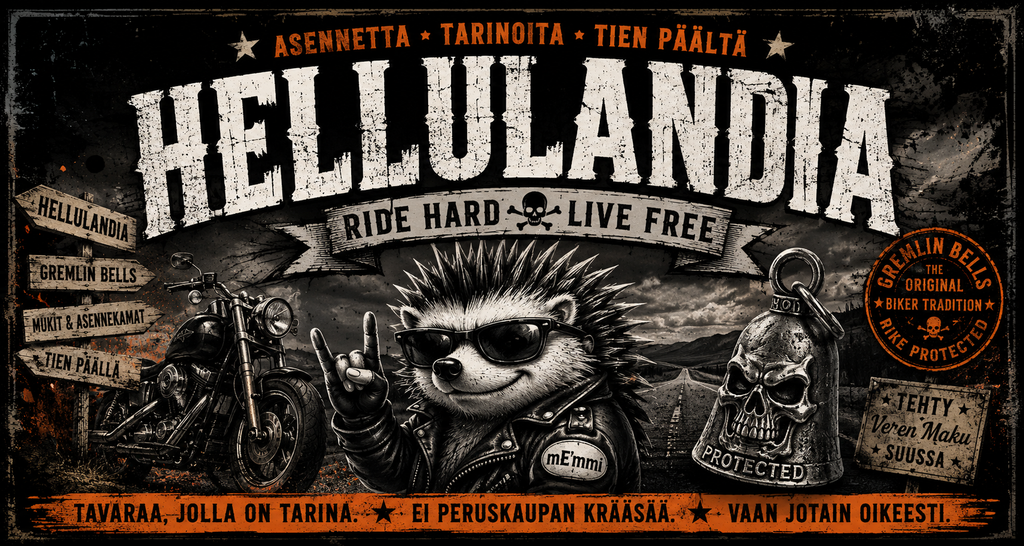 Hellulandia ei oo tavallinen verkkokauppa eikä siitä sellasta yritetäkään tehdä. Tää on mE’mmin kotipesä, liikkuva mukipaja ja kokoelma tavaraa, jota tehdään, löydetään ja keksitään matkan varrella.
Miks täällä on Gremlin Bellejä? Koska ne sopii Hellulandiaan ihan liian hyvin. Vanha motoristiperinne, tien gremlinit, lahjaksi annettava suojakello ja täysin järkeenkäypä selitys asfaltin kuopille. Niitä metsästetään ympäri maailmaa, tilataan pieniä eriä ja teetetään kiinnostavia malleja. Kaikki kellotkaan ei ehdi verkkokauppaan.