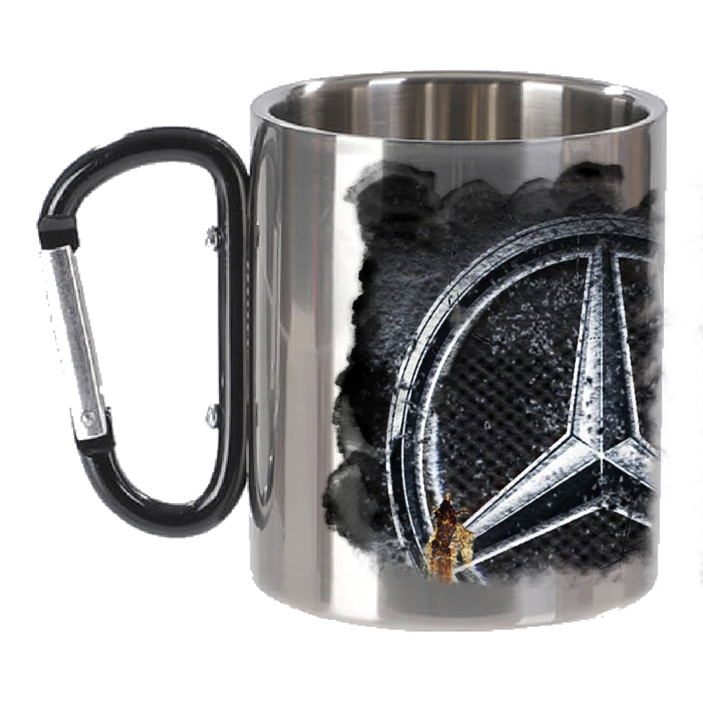 KARABIINIKAHVA TERÄSMUKI OMALLA KUVALLA