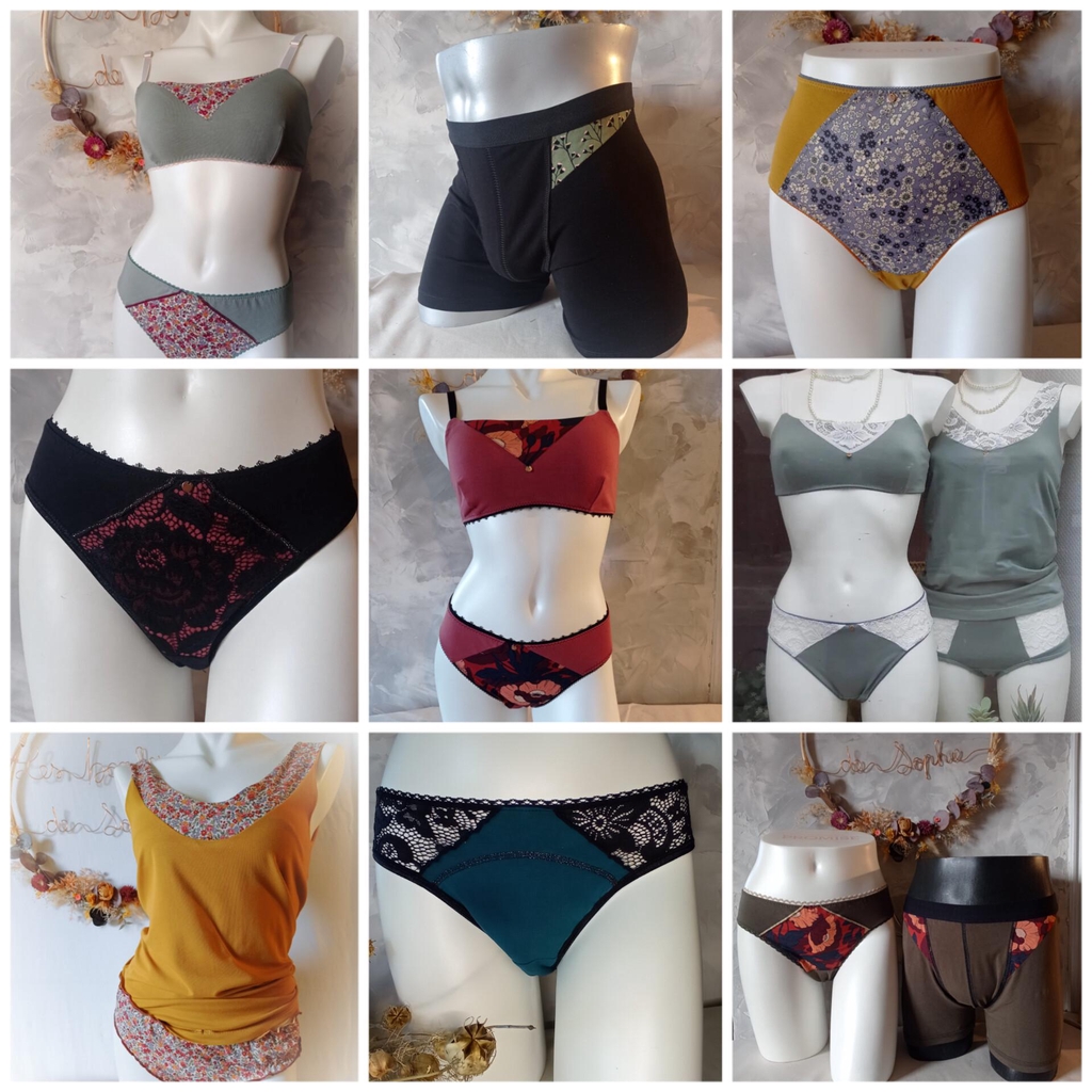 lingerie artisanal sur une base de coton bio .
brassière, soutien-gorge ,culotte, culotte menstruelle ,débardeur ........
Fabriquer en auvergne à Issoire.