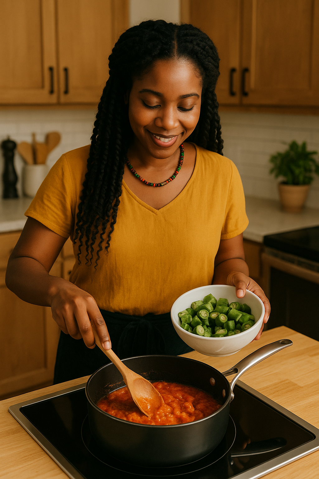 Femme qui cuisine des gombos à la tomate