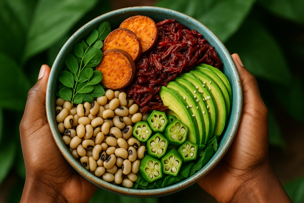 Plat complet équilibré afro-vegan : gombos, avocat, patate douce, niébés, moringa