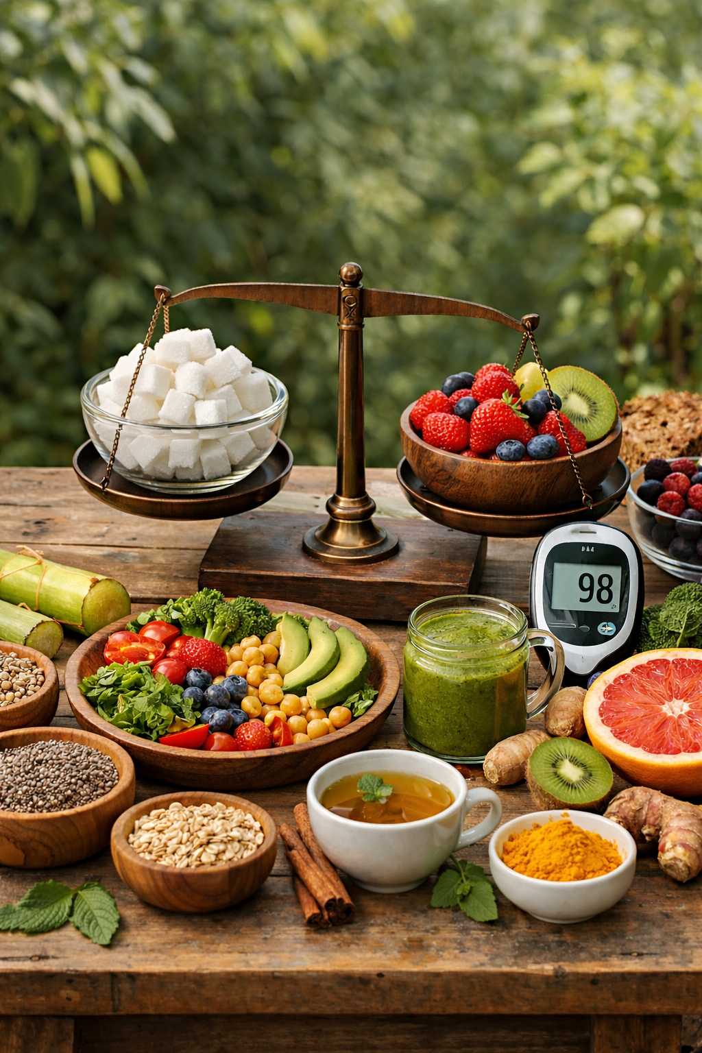 Table avec des légumes et des fruits, une balance avec d'un côté des carrés de sucre blanc et de l'autre des fruits rouges