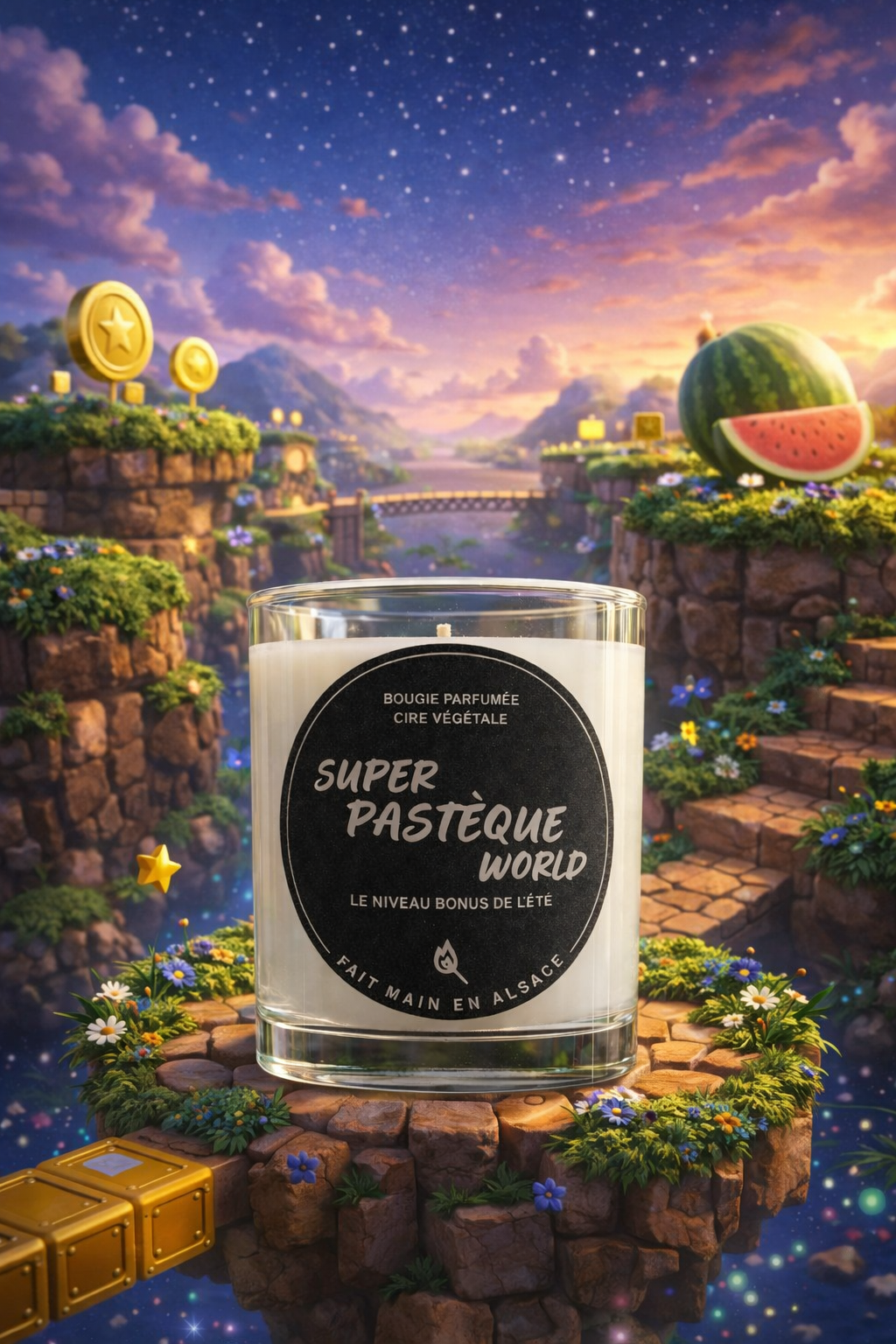 humour
fantaisie
bougie jeu de mot
petite bougie
mario
jeu vidéo
bougie parfumée
la petite allumette