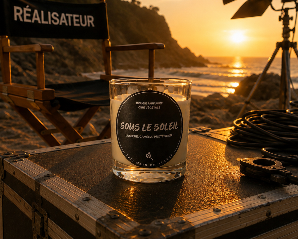 humour
fantaisie
bougie jeu de mot
petite bougie
sous le soleil
crème solaire
été
festival de cannes
bougie parfumée
la petite allumette
