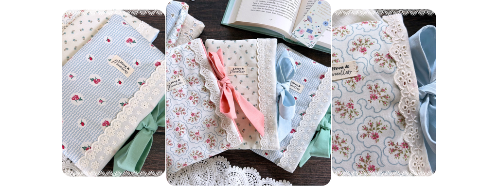 Pochettes à livres cousues main en tissus fleuris. Accessoire artisanal de protection pour livres et liseuses, création française signée Livres et Merveilles.