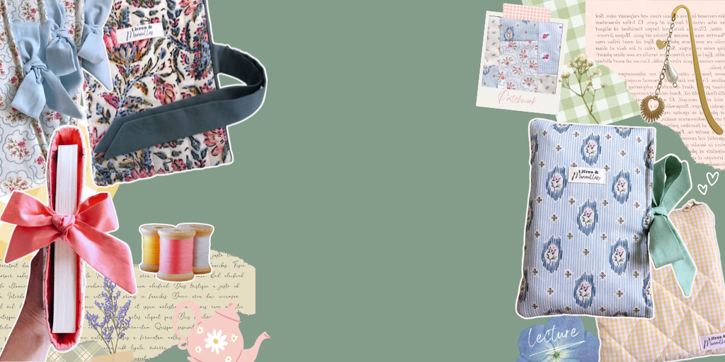 Pochettes à livres cousues main en tissus fleuris. Accessoire artisanal de protection pour livres et liseuses, création française signée Livres et Merveilles.