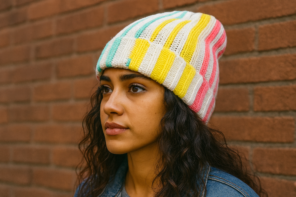 Jeune femme portant un bonnet rayé multicolore