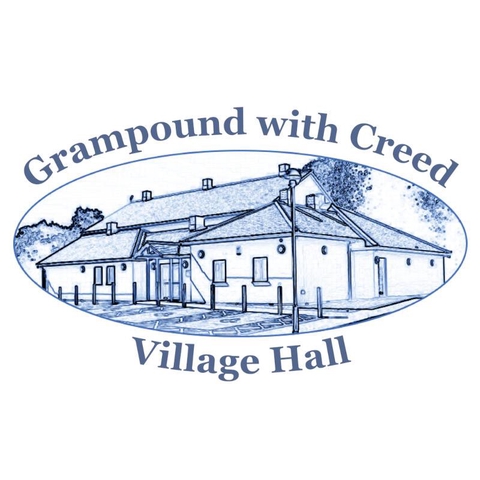 Logo showing a line drawing of Grampound Village Hall.