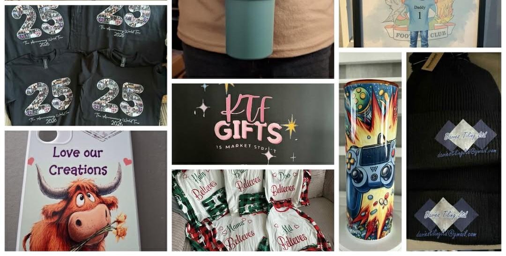 Another image collage showing pyjamas, frames towels, cushions and a view of our stall at a recent craft fair