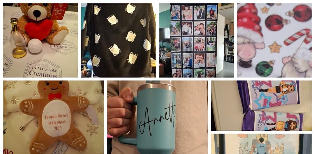 Selections of products we have made, showing tshirts, notebooks, chopping board and bag