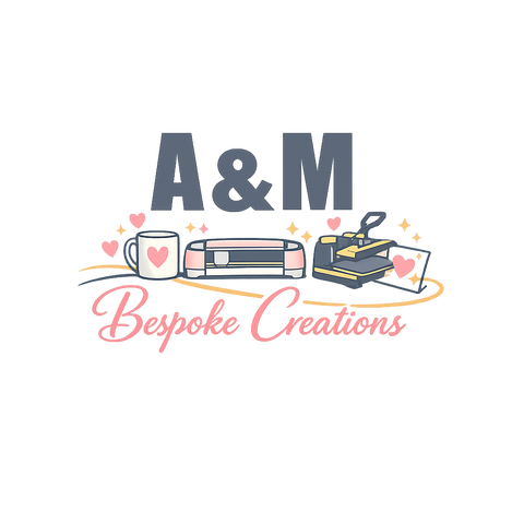 A & M logo with bold name and icons of mugs, cricut machine and a heat press, showcasing the machinery they have available