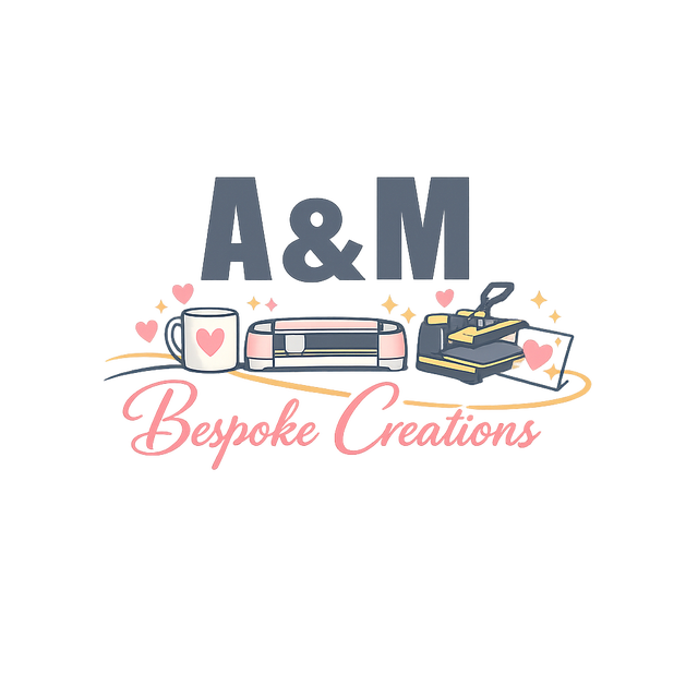 A & M logo with bold name and icons of mugs, cricut machine and a heat press, showcasing the machinery they have available