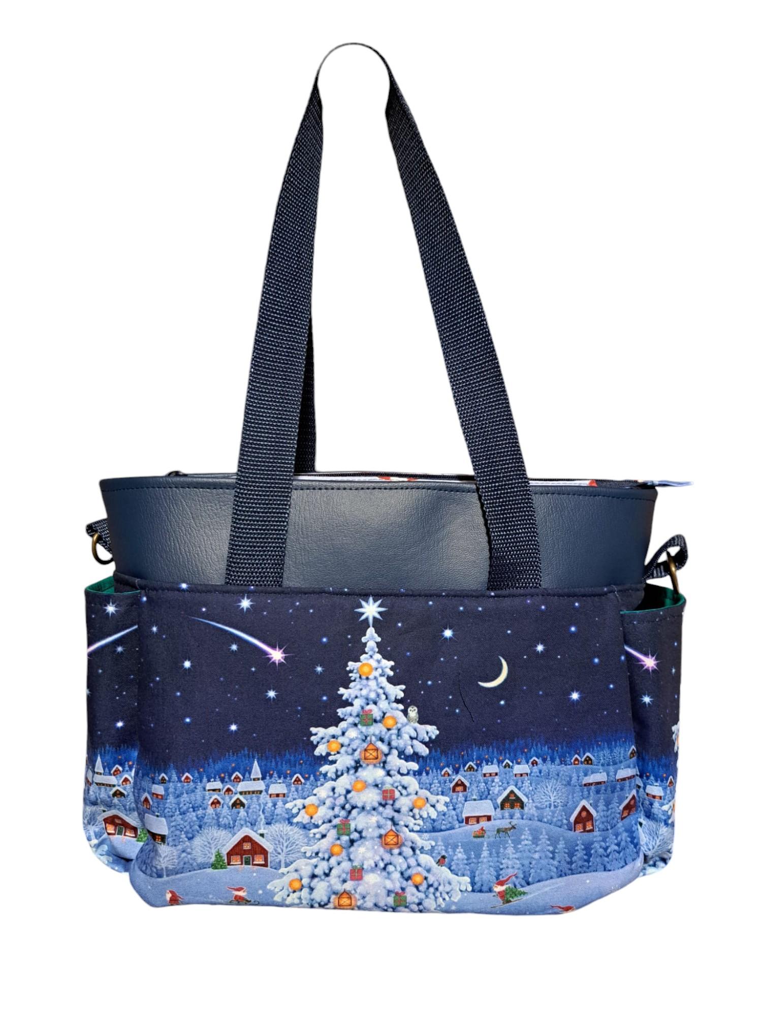 Christmas tree at night fabric and faux leather handbag