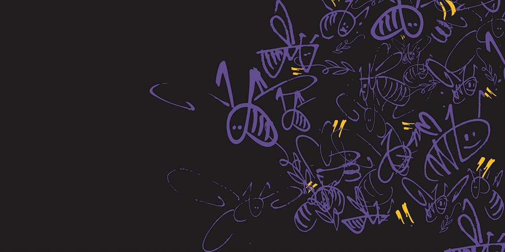 Abstract getekende paarse bijen die samen een vrolijk bijenvolk vormt