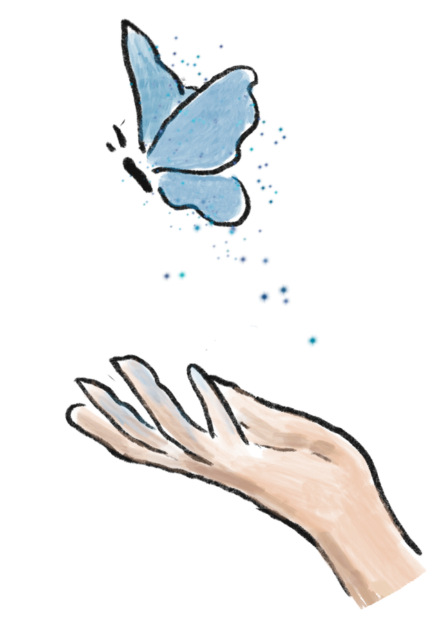 Illustration:  main qui laisse s’envoler un papillon bleu magique. 
Chryartis