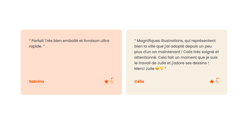 2 Avis clients :
“ Parfait Très bien emballé et livraison ultra rapide. ” - Sabrina, 5 étoiles.
" Magnifiques illustrations, qui représentent bien la ville que j'ai adopté depuis un peu plus d'un an maintenant ! Colis très soigné et attentionné. Cela fait un moment que je suis le travail de Julie et j'adore ses dessins ! Merci Julie 😊 💛 " - Célia - 5 étoiles.