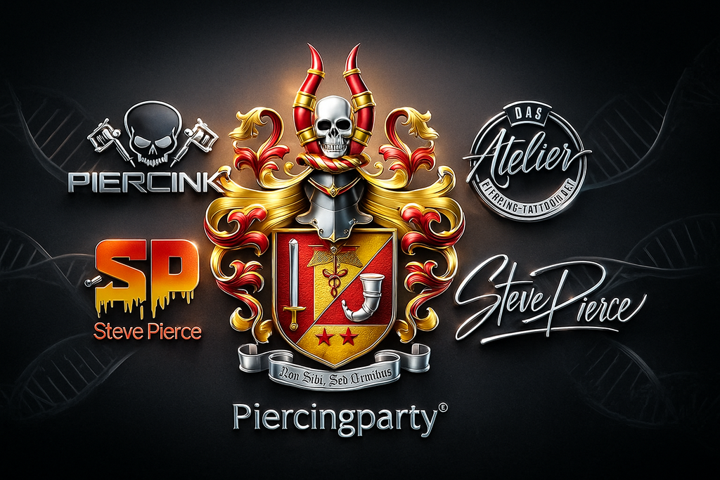 Das Titelbild zeigt in der Mitte das Familienwappen von Steve Pierce®. Darum angeordnet sind weitere offizielle Studio- und Markenwappen: das Wappen des Tattoo Atelier Böblingen, das Piercingparty®-Wappen, das PiercInk®-Logo, die Unterschrift von Steve Pierce® sowie das SP Steve Pierce® Piercing Studio-Wappen. Die Bildkomposition steht für die Herkunft, Qualität und Markenwelt rund um Tattoos, Piercings, Piercing.tour und Spezialanwendungen wie Migränepiercing®, Nullpunkt® oder Allergie Piercing. Das Titelbild dient als visuelles Markenzeichen des Studios und des Online-Shops