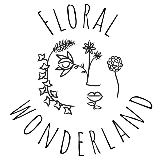 Floral Wonderland logo: a drawing of a face with flowers around it.